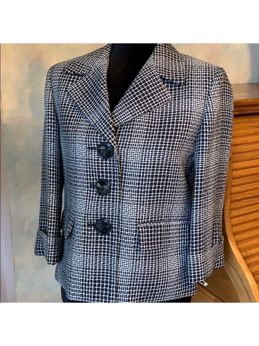 Black White Check Plaid Cropped Blazer Jacket Neutral